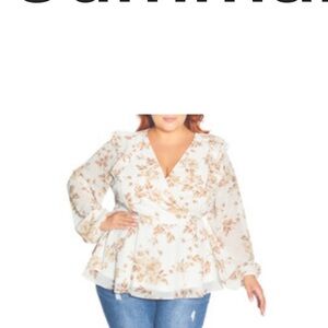 City Chic Floral Wrap Blouse - Cream and Brown